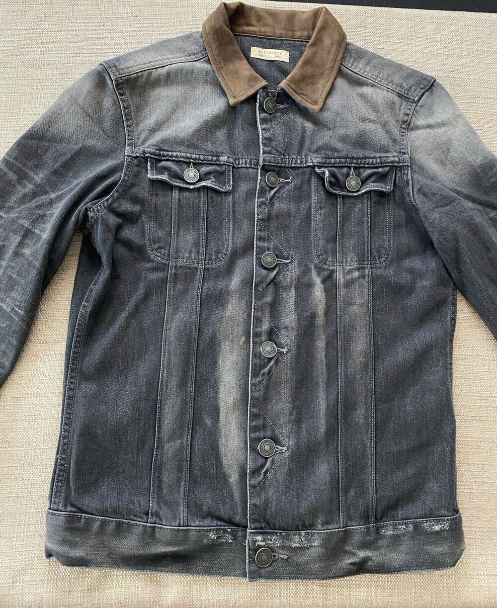 ALLSAINTS Spitalfields Grey Denim Jacket Lamb Suede Collar S